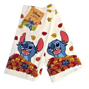 Disney Stitch Kitchen Towels Autumn Fall Leaves 2pc Holiday Cotton Gift NEW